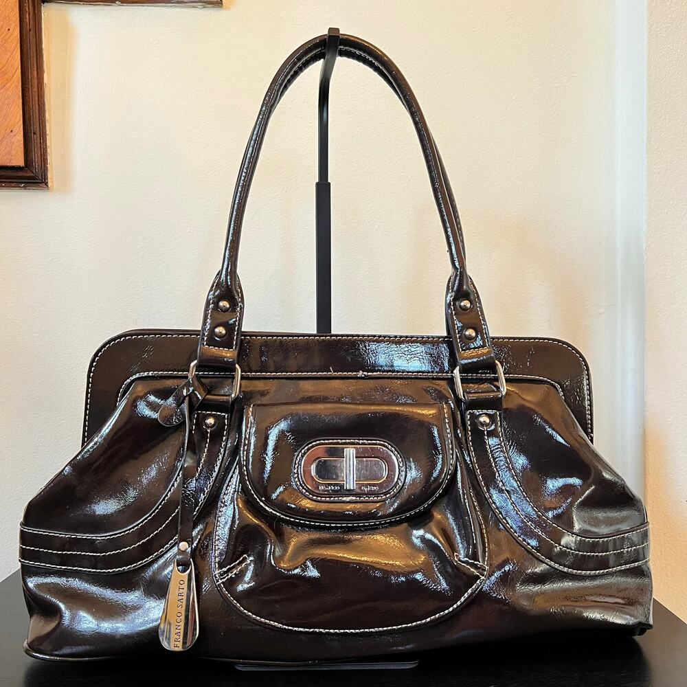 Franco Sarto Dark Chocolate Brown Patent Leather East West Y2K Shoulder Bag